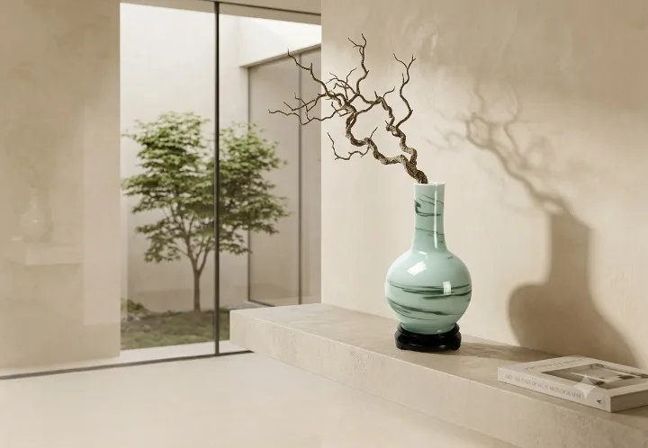 Celadon vase with sculptural branch in a quiet contemporary interior