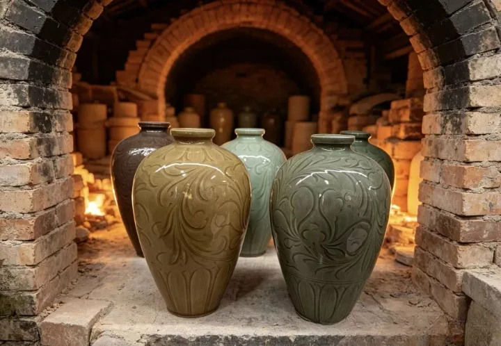 Glazed celadon vases at the entrance of a wood-fired kiln